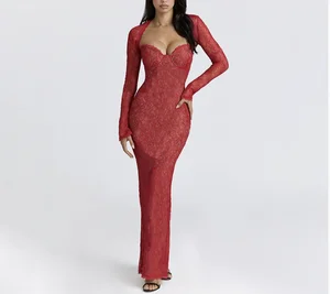 Autumn Winter New Lace See-through Shawl Long Sleeve Top Sexy Tight Tube Top Mermaid Skirt Set