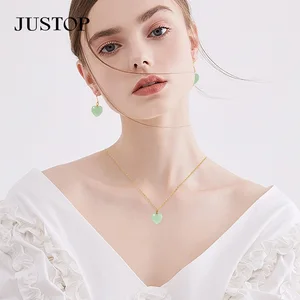 18K Gold Plated Crystal Women's Necklace Earring Set Stainless Steel Fashion Natural Gemstone Heart Jewelry for Wedding