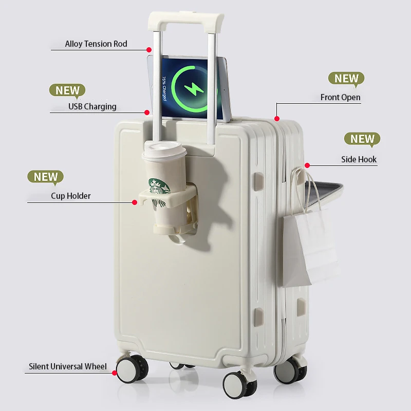 Multifunctional Travel Suitcase with Front Open USB Charging Cup Holders and Side Hook Boarding Luggage