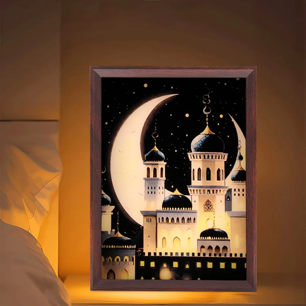 Fashionable Wooden Frame 3D Visual Muslim Islamic Architecture Luminous Bedroom Desktop Display Birthday Gift