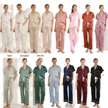 FUNG 6028 Wholesale Women Pajamas Satin Ladies Pj Set short Sleeve Sleepwear Two Piece Set