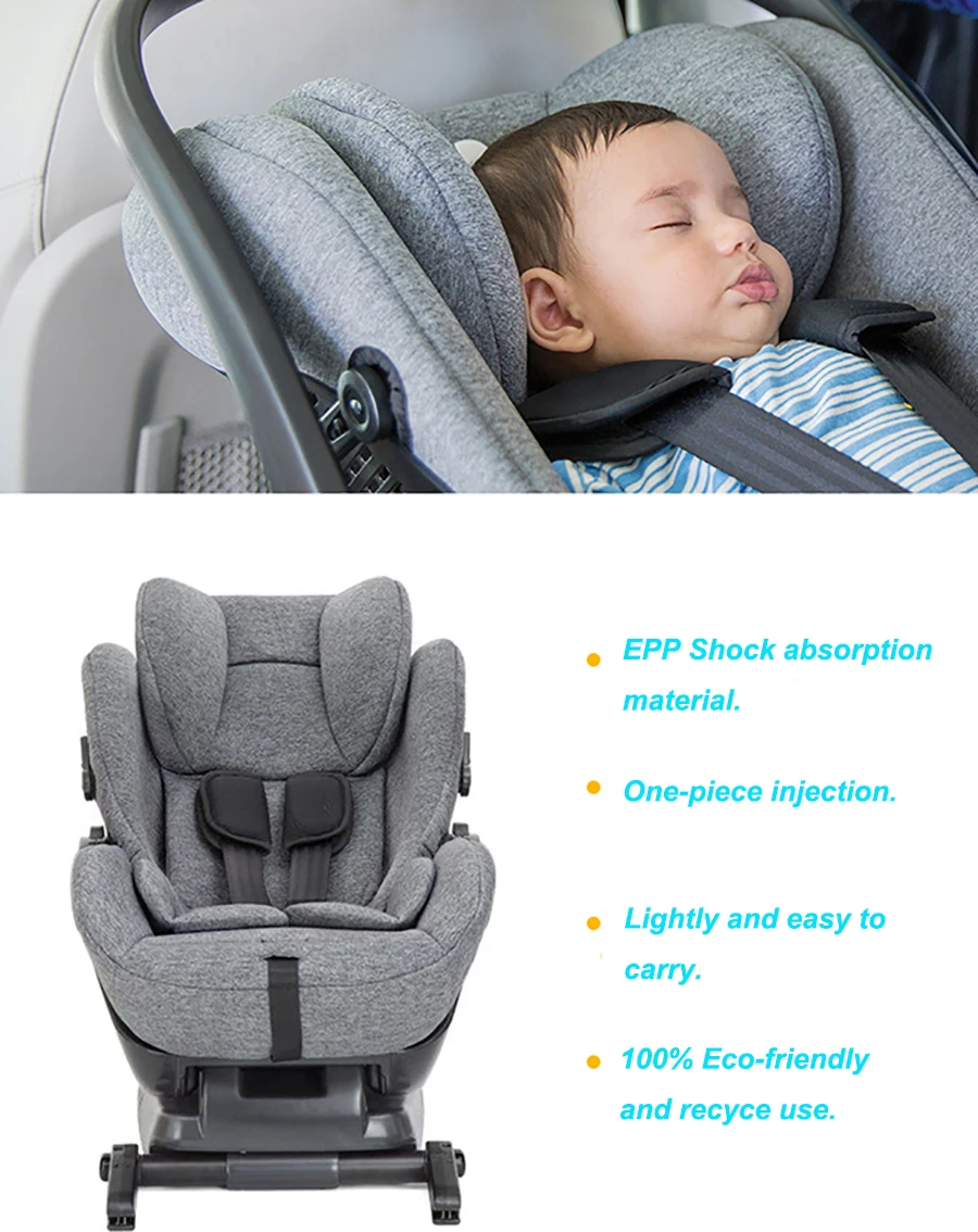 A young child is securely strapped in a child safety seat with gray cushioning, designed with features such as EPP shock absorption material and one-piece injection, highlighting its lightweight, eco-friendly, and easy-to-carry qualities, in the context of child safety seats in Hong Kong 2025.