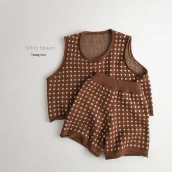 Pure Cotton Three-Piece Set for Boys Fashion Floral Jacquard Design Spring Korean Style Knitted Sweater Jacket Vest Shorts Set