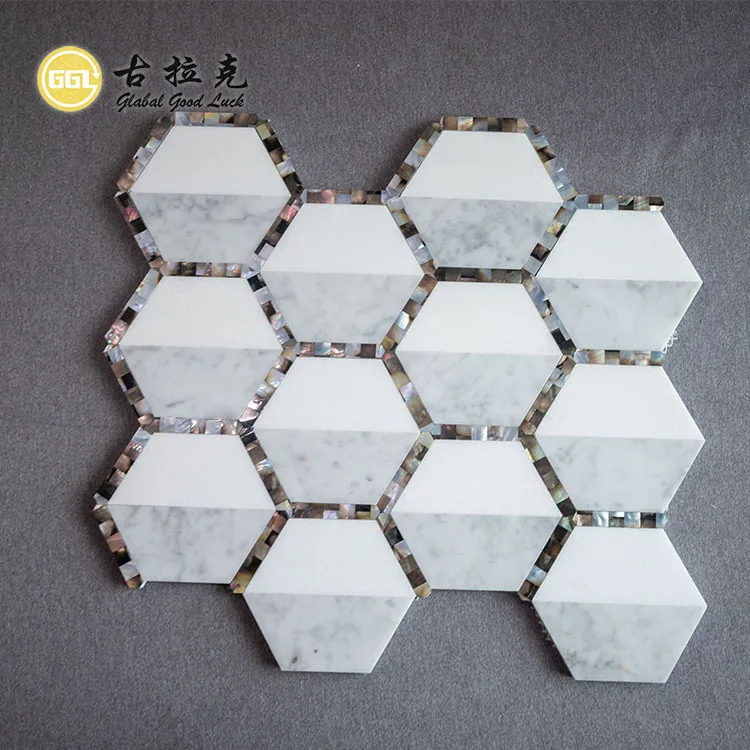 Hexagon Shape Thassos White Marble Mix Shell Waterjet Mosaic Tiles factory