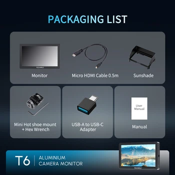 FEELWORLD T6 Professional Camera Field Monitor Aluminum Housing 1920x1080 OEM Factory Direct Custom Packaging product image