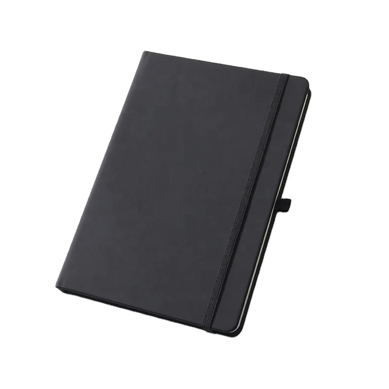 Custom logo Page Design Print PU Leather Notebook A5 Black Hard Cover 80 Sheets