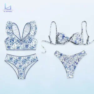 Manufacturer Oem High Quality Two Piece Ruffled Beachwear Swimsuit Swimwear Women Custom Blue Floral Print Design Bikini Set