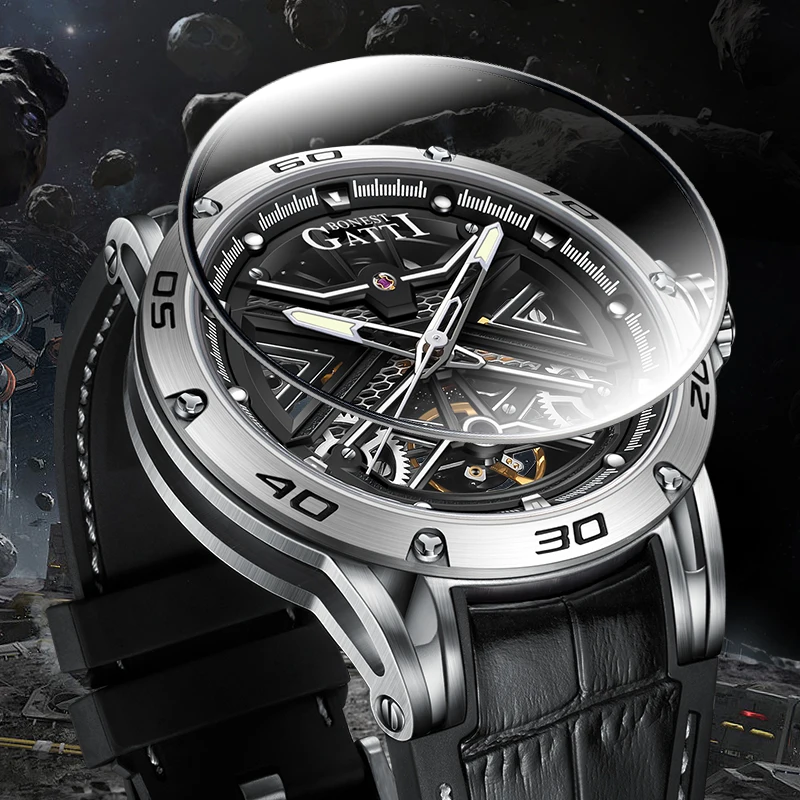 Bonest Gatti New Design  Genuine Leather Luxury Automatic Mechanical Watch Waterproof 5ATM Movement  Watch for Men BG4601