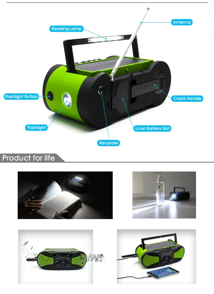 Portable Mp3 Player Built in Speaker Hand Crank Radio Led Flashlight Waterproof Weather Band Radio Mini Freeplay Solar Power