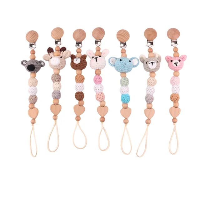Wholesale wooden pacifier chain baby comfort toy cartoon knitted animal accessories beech baby animals pacifier chain