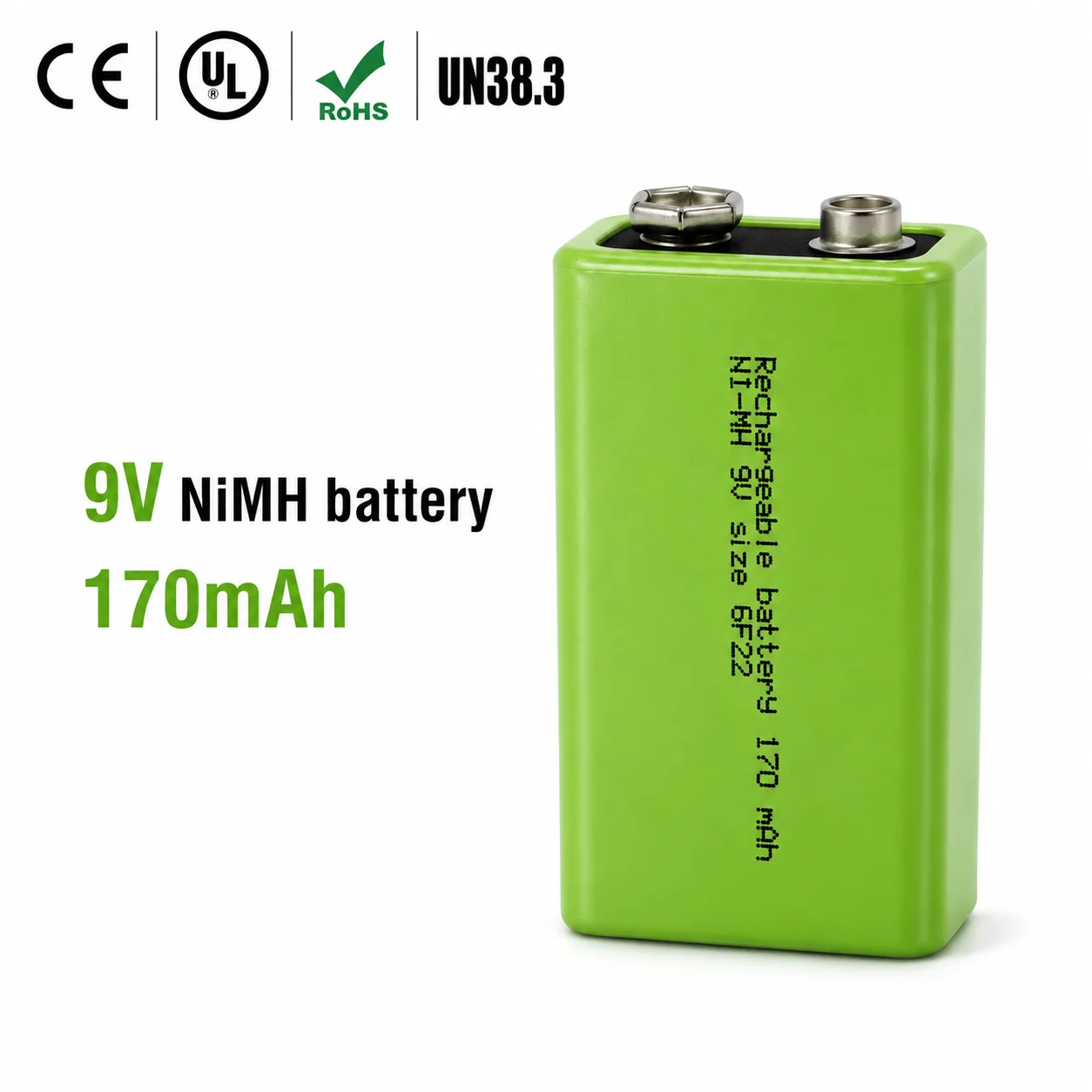 Rechargeable 9V NiMH Battery 170mAh 6F22 PP3 6HR61 Rechargeable Battery for Multimeter Smoke Alarm Medical Device