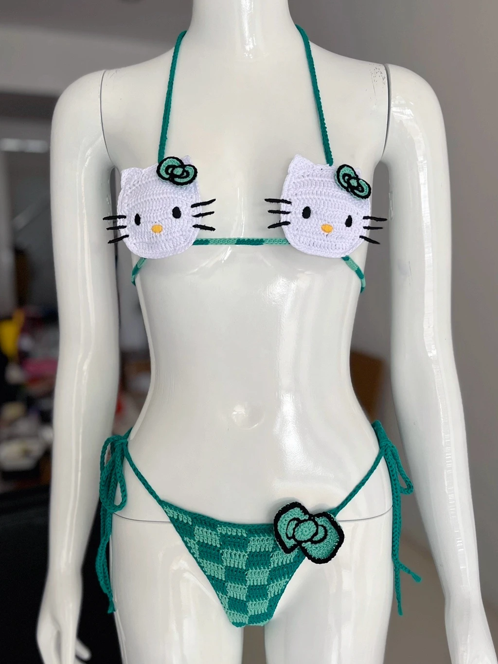 Handmade Beachwear Fashion Cute Checkered Green Bottom Multi Green Color String Crochet Tiny Thong Bikini Set Bathing Suit