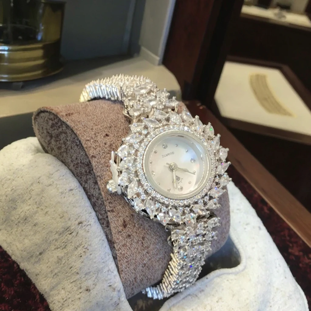 Elegant Zircon Quartz Women's Watch with LED & Steel Band