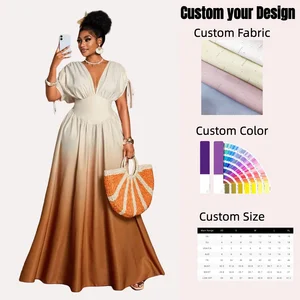 2026 Summer New Women's Basic Comfort Long V-Neck Dress With Gradient Style Digital Printing Natural Waistline