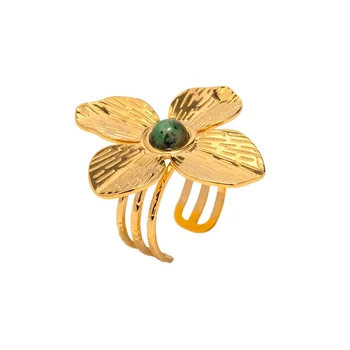 18K Gold Plated Rings Low Key Luxury Fashion Handmade Open Flower Ring Stylish Stainless Steel Jewelry for Women for Gifts