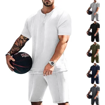 Men's Short Sets Retro Casual Solid Color 2 Piece Outfits Button Henley Shirt and Shorts Suit Set