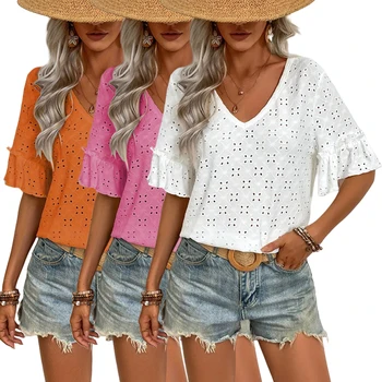 camisas de mujer Vacation Style Loose Shirt Tops Elegant Women Summer Eyelet Ruffle Trim V-neck T-Shirt