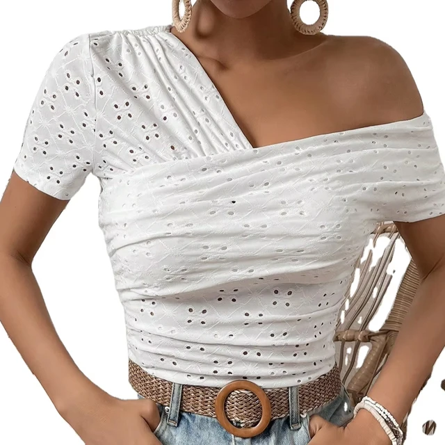 Europe and America Summer new style classy  Woven fashion irregular collar top