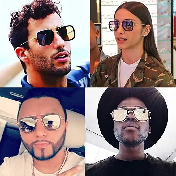 Factory Direct Ironic logo Double Bridge square Man Tony Stark Glasses Handsome Tinted Lens Stark Gafas De Sol Cuadradas Cosplay