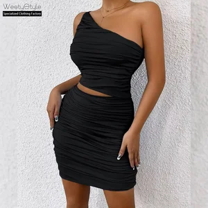 Solid Color Asymmetrical Pleated Mini Backless Dress Women's European American Fashion Casual Nonwoven Spandex/Polyester Tight