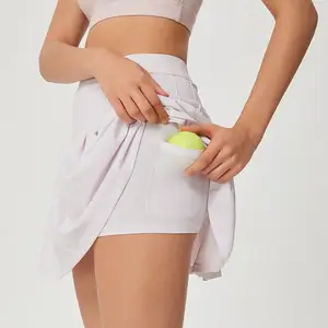 Discount Women 2-in-1 Varsity Tennis Skirt Athletic Fashion Golf Badminton Solid Breathable Gym Yoga Tights Skirts Wit Pocket