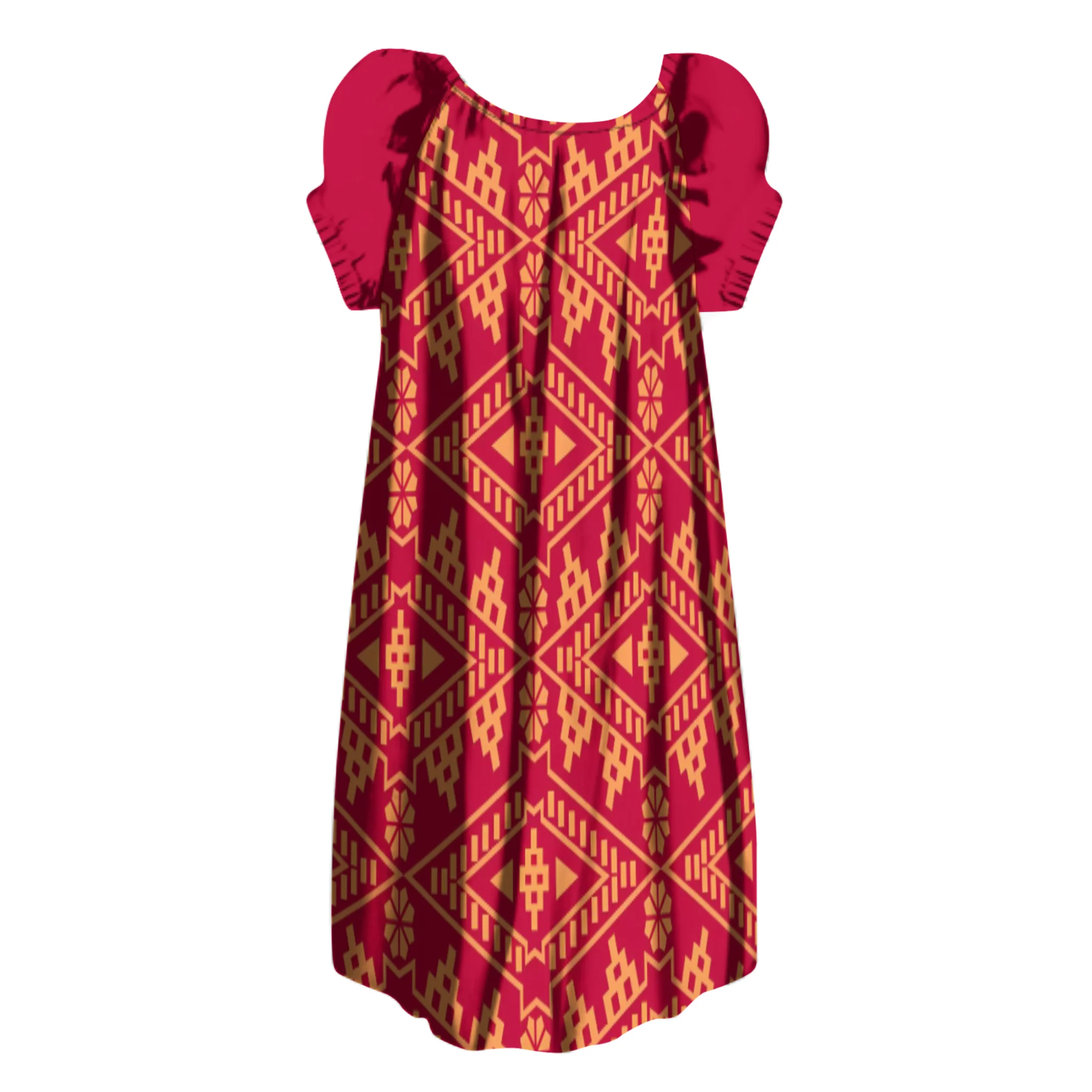 Factory Wholesale Customize PNG Papua New Guinea Style Puff Sleeve Puffy  Dresses Women Crew Neck Pleated Long Loose Ladies Dress