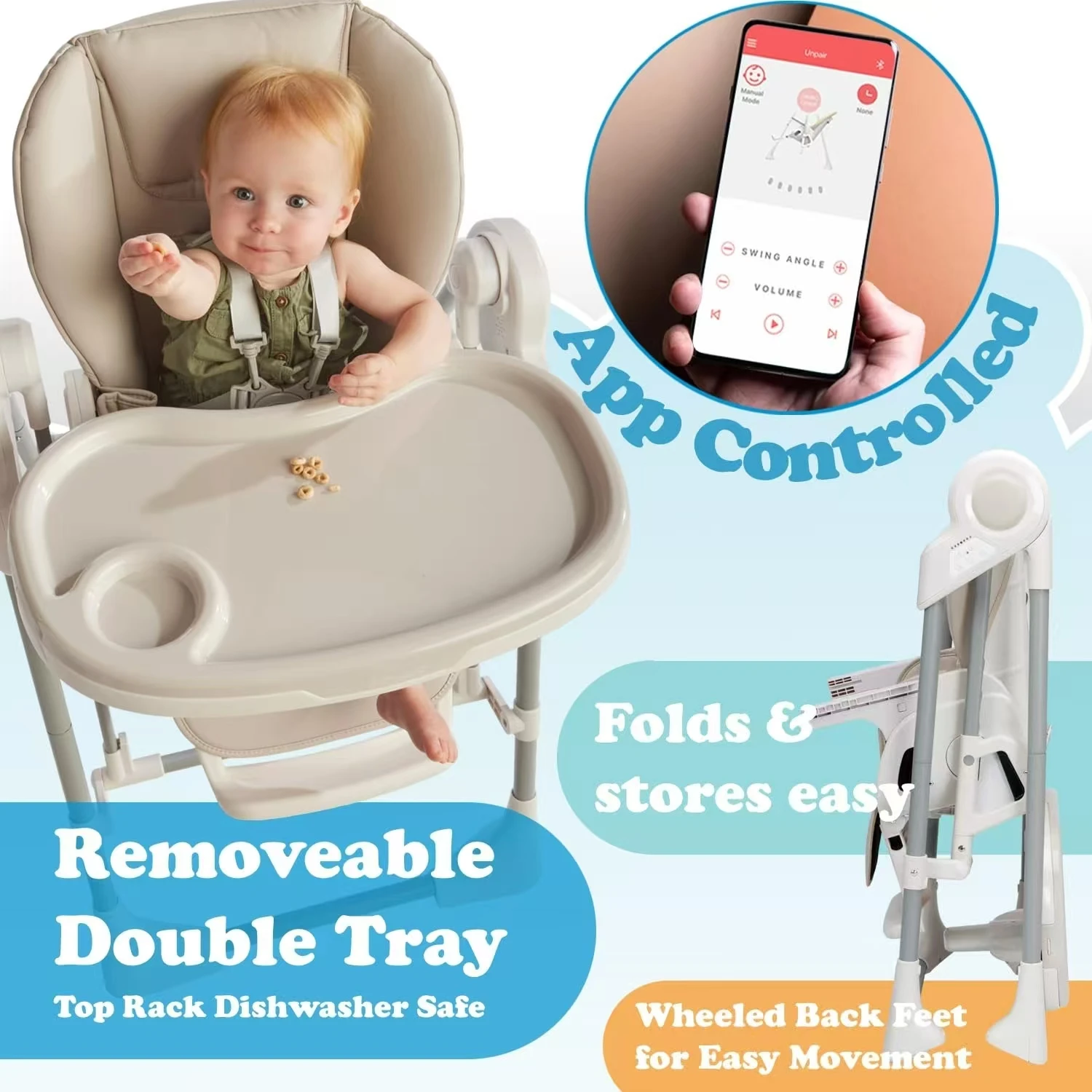 Modern Intelligent 2-in-1 Dining Chair Foldable Swing High Chair for Baby EN & ASTM Approved for Kitchen Dining & Baby Nursing
