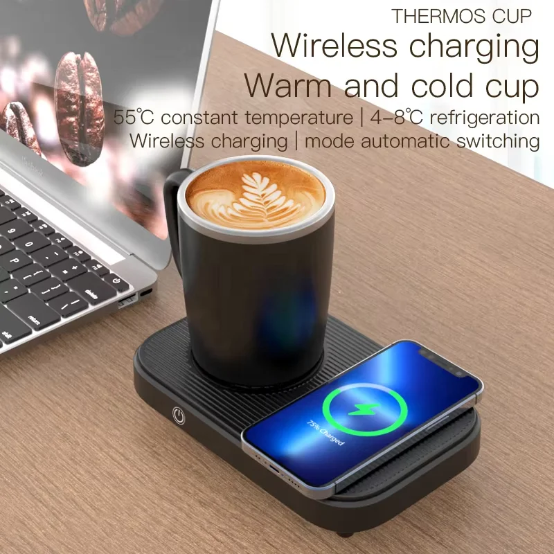 Black 3-in-1 Cup Heating Cooling Pad Smart Coffee Warmer/Chiller with 15W Wireless Phone Charger for Home Work 2