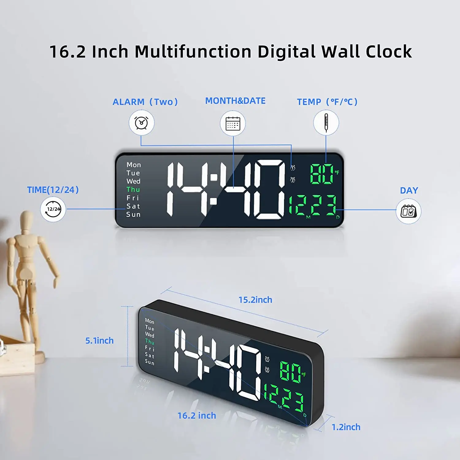 Large Screen Digital Wall Clock With Indoor Temperature Nordic Simple Living Room Wall Desk Led