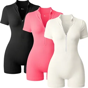 OQQ Women's High Quality Seamless Gym Yoga Jumpsuit Breathable Zipper Short Sleeved Sports Bodysuit