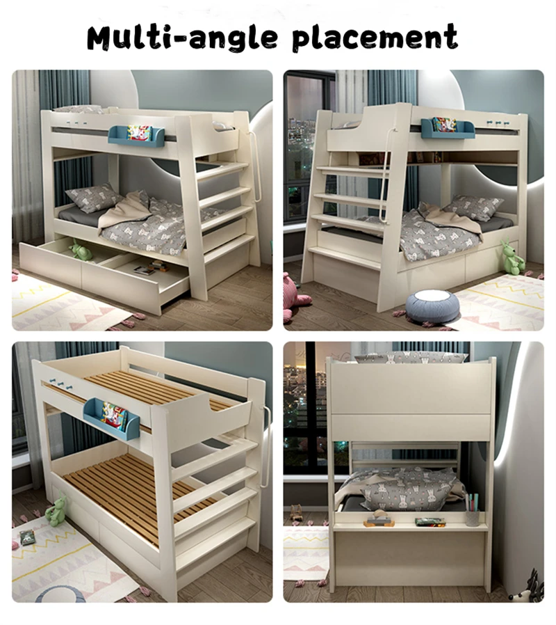 Double Layer Solid Wood Multifunctional Combination Children Bed with Wardrobe