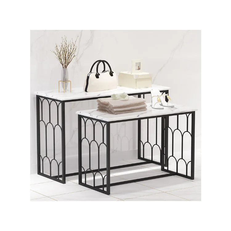 2 in 1 Limestone Nesting Table Laminated Wood Marble Style Display Natural Stone Nesting Table Leg Table of 2 Nesting Retail Set