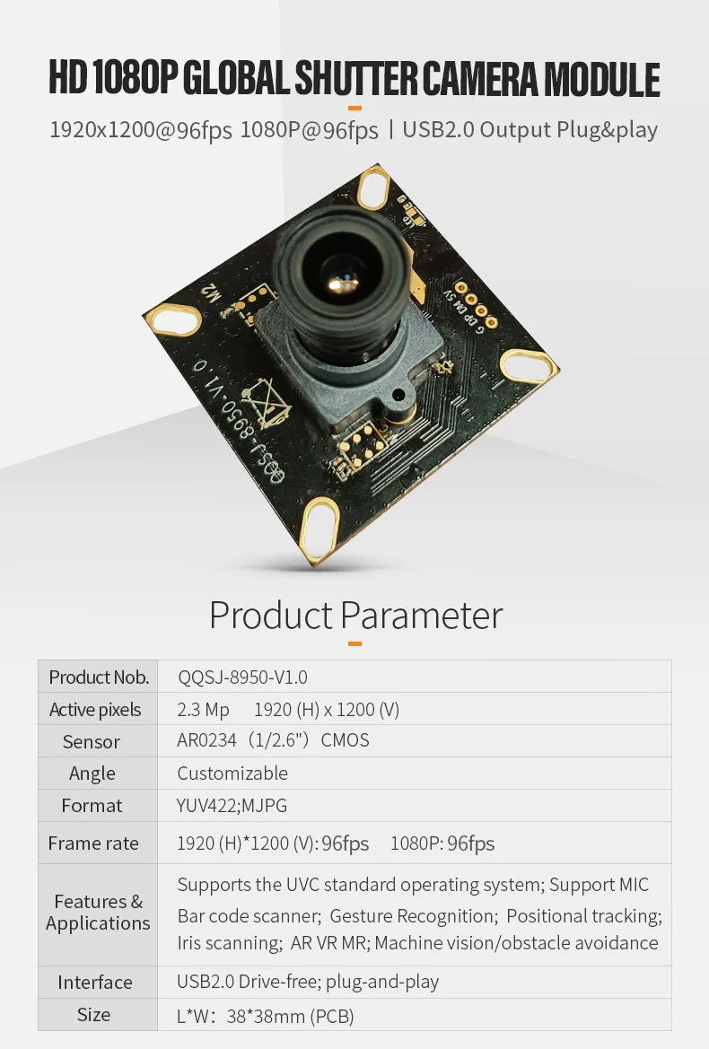 DGZX OEM Camera Sensor Module HD 2MP 1080P 96fps Global Exposure Color Drone AR0234 Usb UVC Camera插图