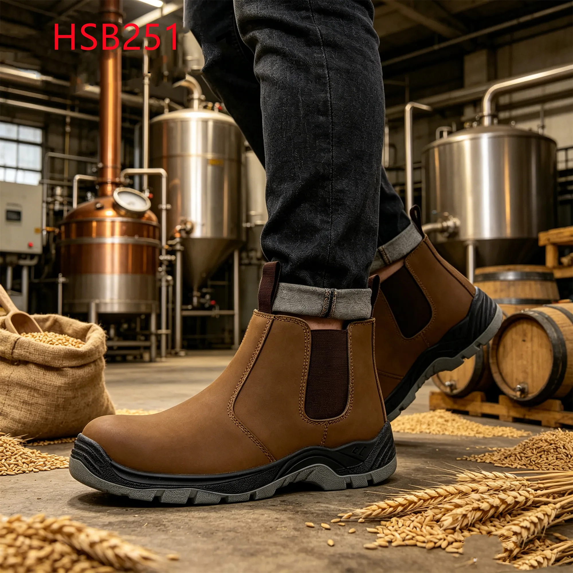 LXG,Brewing Industry Resisting Heavy Falls Pull-on Work Boots Steel Manufacturing Nubuck Leather Brown Safety Footwear HSB251