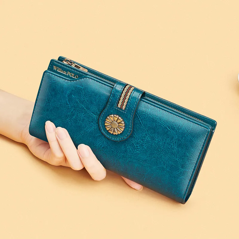 Hot Sale Custom Logo Tri-fold Leather Ladies Wallet Large Capacity Retro Mobile Phone Card Bag Long Length Gift