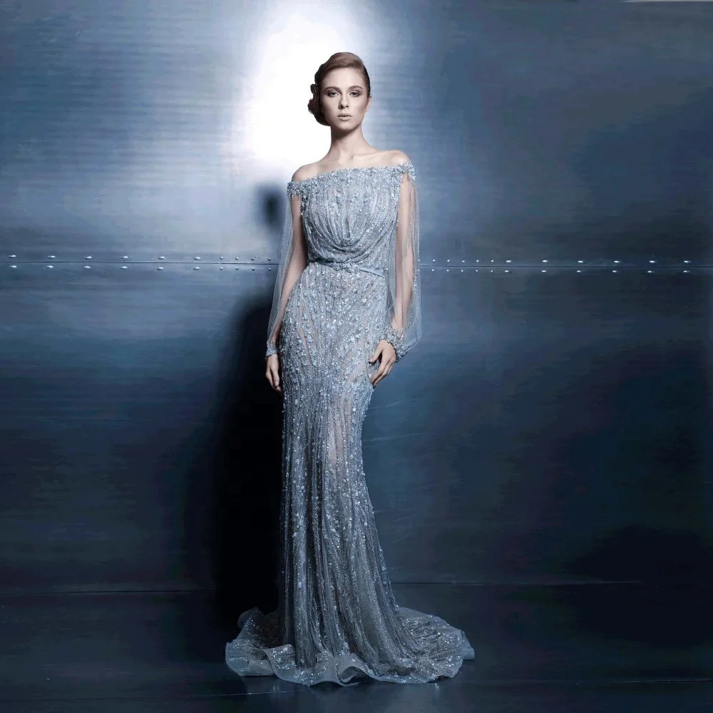 PEV-L3058 Luxury Heavy Beaded Party Gowns See Through Long Sleeve Customized Sexy Off Shoulder Evening Dress From Istanbul