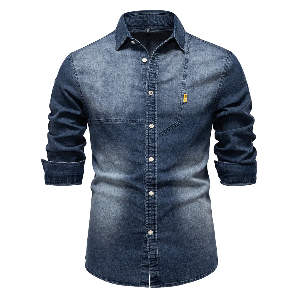 Men's Clothing European Size Denim Shirt Casual Solid Color Long Sleeve 100% Cotton Pocket