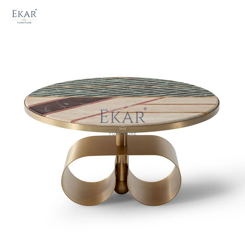 Modern round Glass Coffee Table with Artistic Inlaid Design Convertible Side Table for Dining or Living Spaces