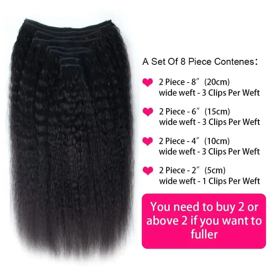 Extension per capelli umani con clip, lisci e crespi, neri, testa piena, 120 g, 8 pezzi, 18 clip, 10-26 pollici, colore 1B_voghion.com