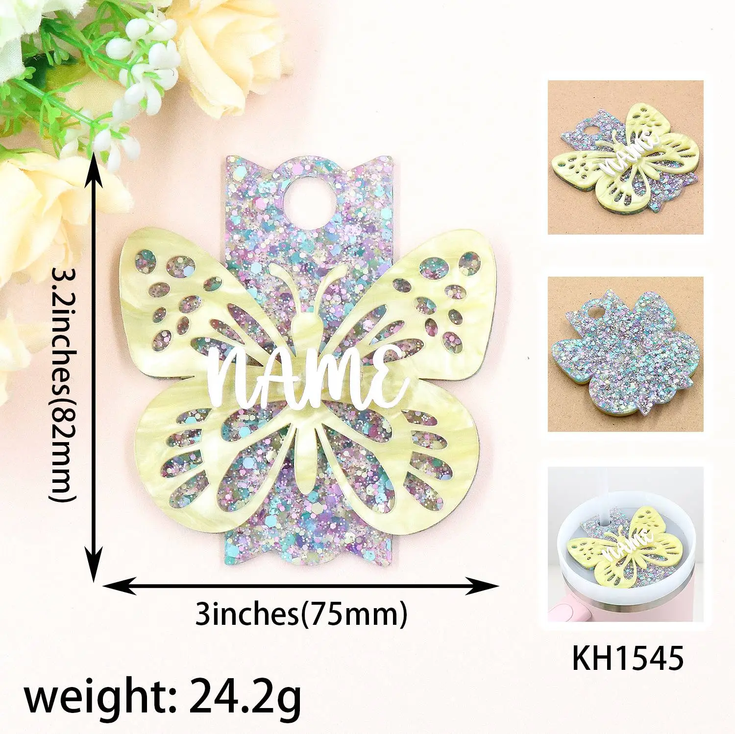 YYXCHCH1545 High Quality Acrylic Laser Cut Tumbling Cup Yellow Marble Butterfly Nameplate Plate for Christmas Tree Ornaments supplier