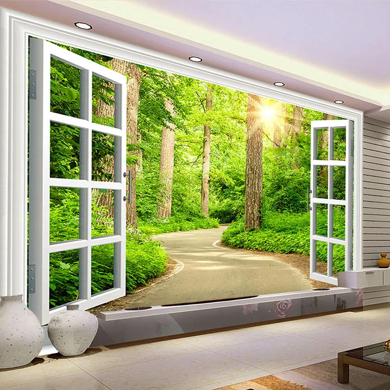 Yeele 10x8ft Modern Interior Room Decor Backdrop Window View Spring Scenery  Green Forest Tree Living Room Decor Photography Background House Video Con 