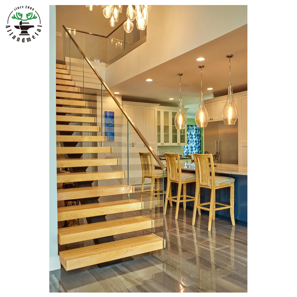 Современный дизайн, прямые плавающие лестницы, закаленные прозрачные стеклянные перила, моно-металлические стрингеры из дерева, нержавеющей стали