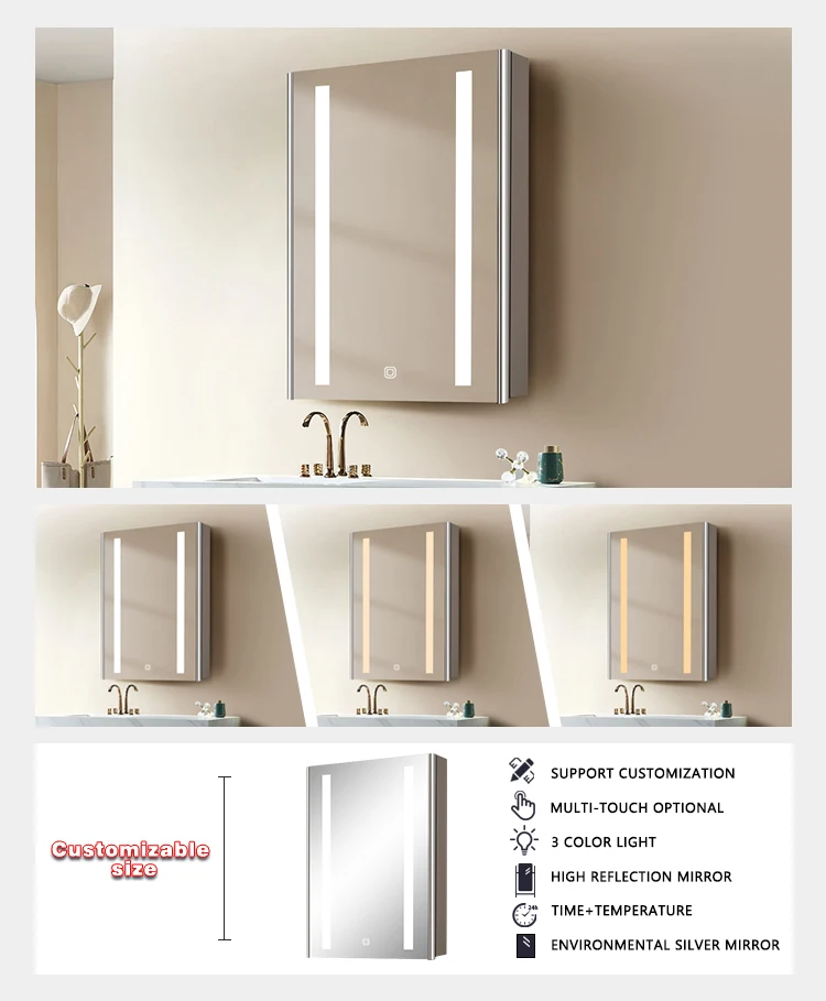 product wall touch switch storage washroom medicine toilet led bathroom with lights single door mirror cabinet-4