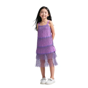 Kids Fashion Girls' Casual Solid O-Neck Sundress Tassels Sequins Chiffon Knee-Length Summer Halter Design Dress