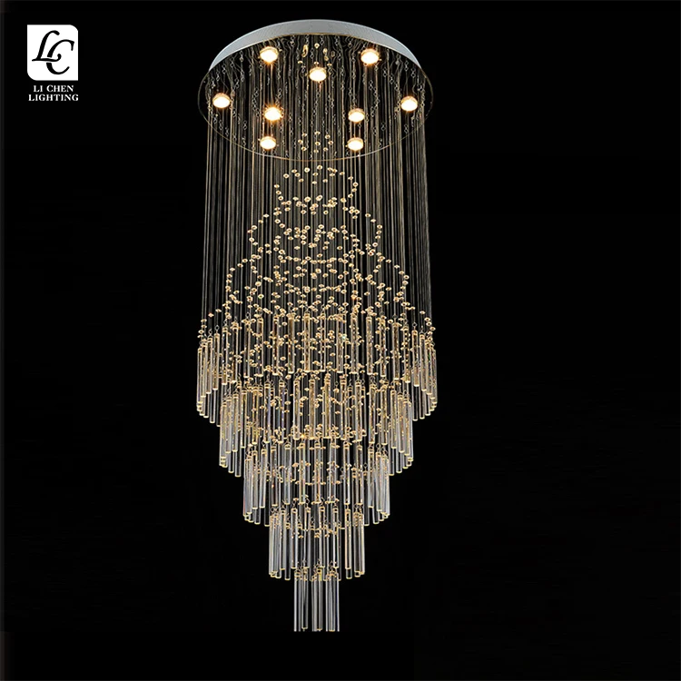 P0027 Modern Spiral Crystal Chandelier – Long Luxury LED Pendant Light for High Ceiling Staircase