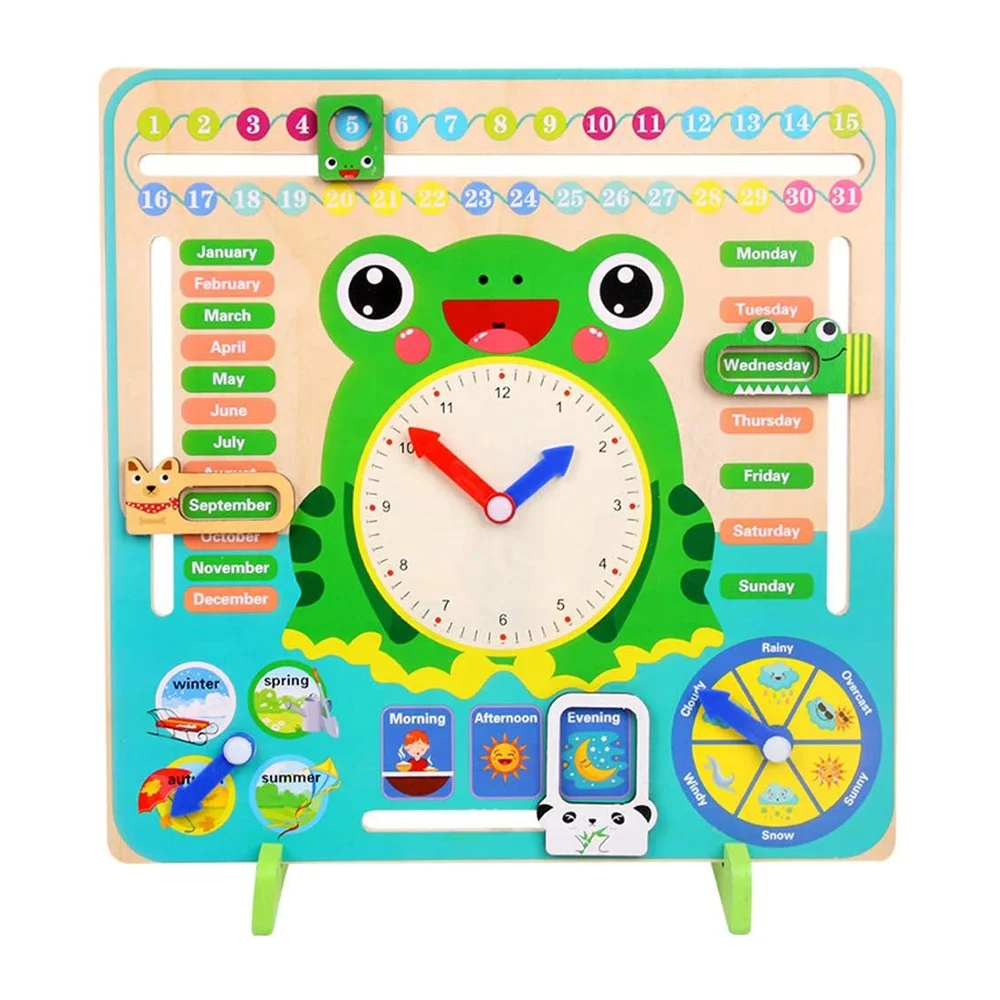 Multifunction early childhood education montessori wooden calendar clock learning toy with date weather week cognitive training