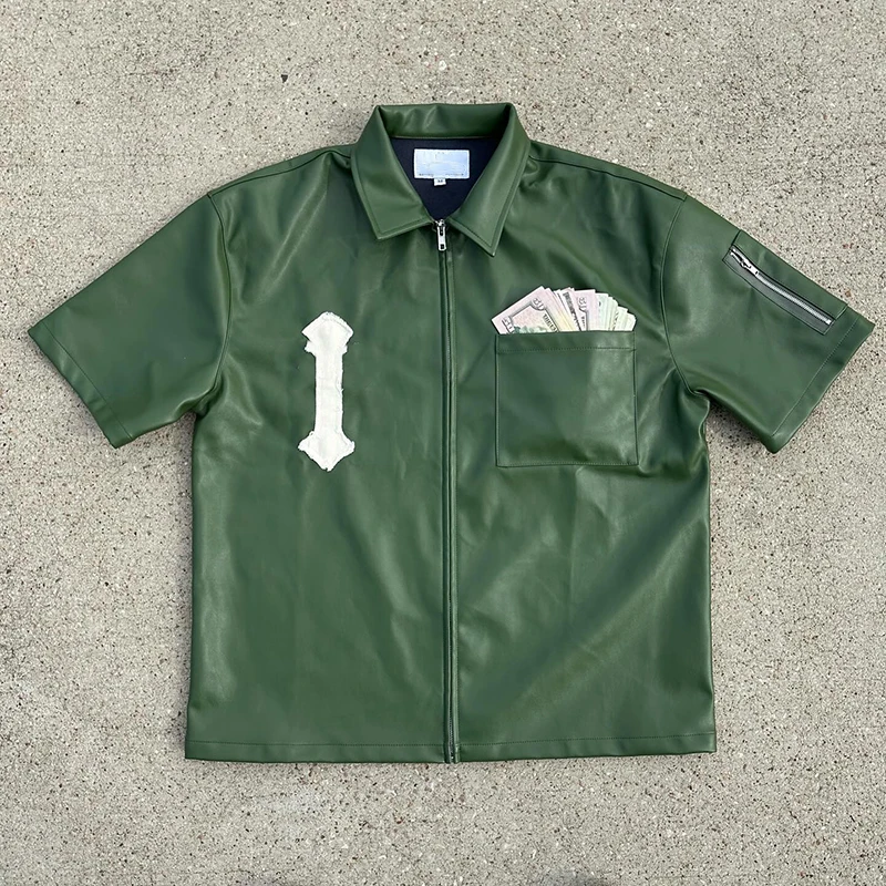 YSJY Custom Distressed Applique Embroidery Pu Leather Shirt