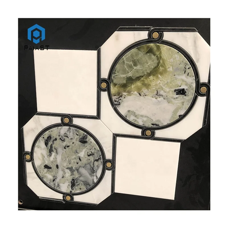 New Design Waterjet Mosaic Tile Natural White With Green Marble Mosaic Tiles for Interior Bathroom Wall Decor