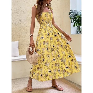Elegant Summer Boho Kaftan Plus Size Floor-Length Maxi Dress Spaghetti Strap Printed Halter Woven Weave Sweet Casual Beach Dress