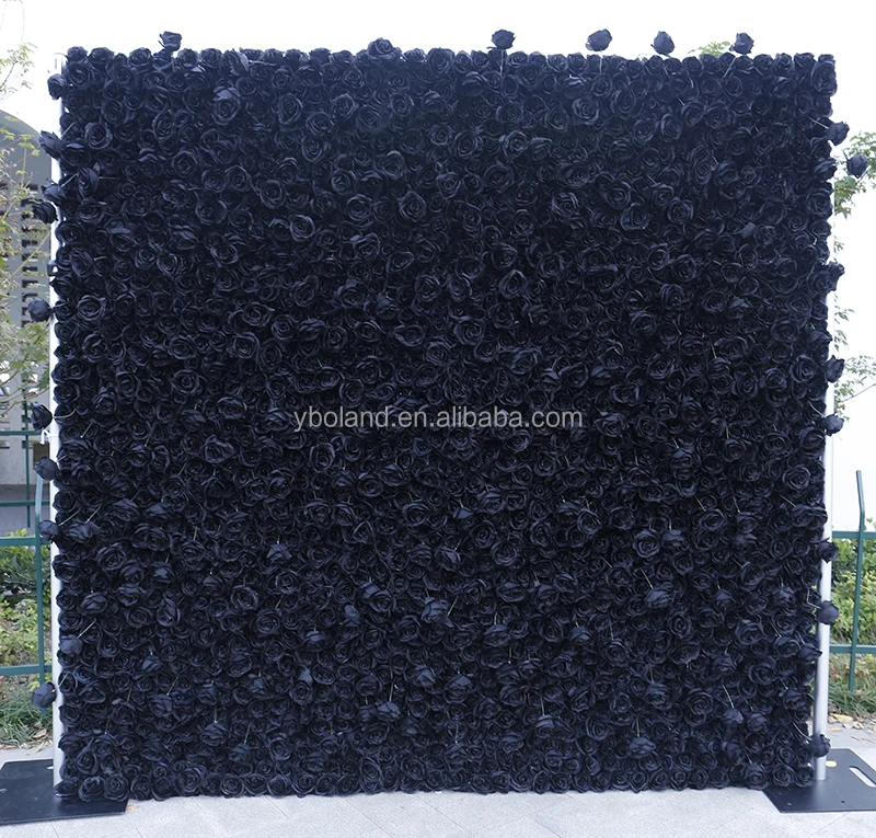 K13 Custom 3D Roll up Fabric Fake Flower Wall Panel Backdrop Black Silk Rose Artificial Flower Wall for Wedding Home Salon Decor